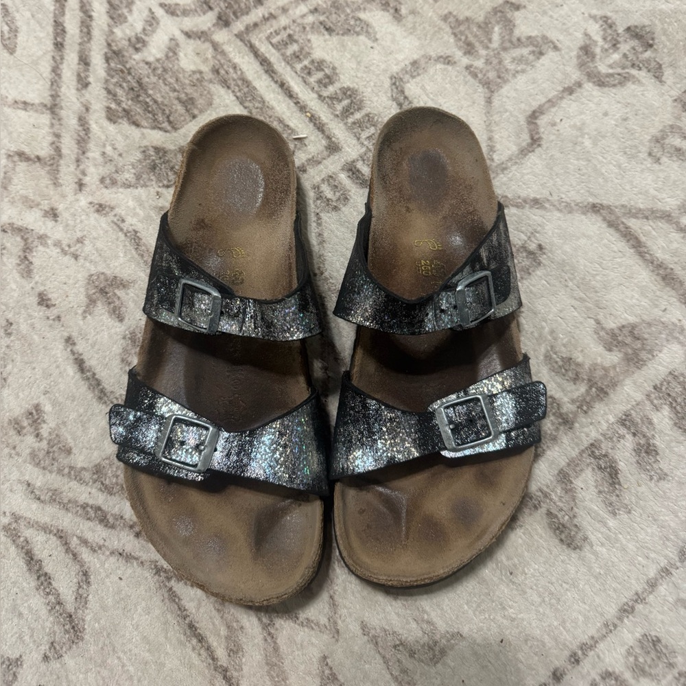 Birkenstock Black Shiny Sandals with Dual Straps and Contoured Footbed